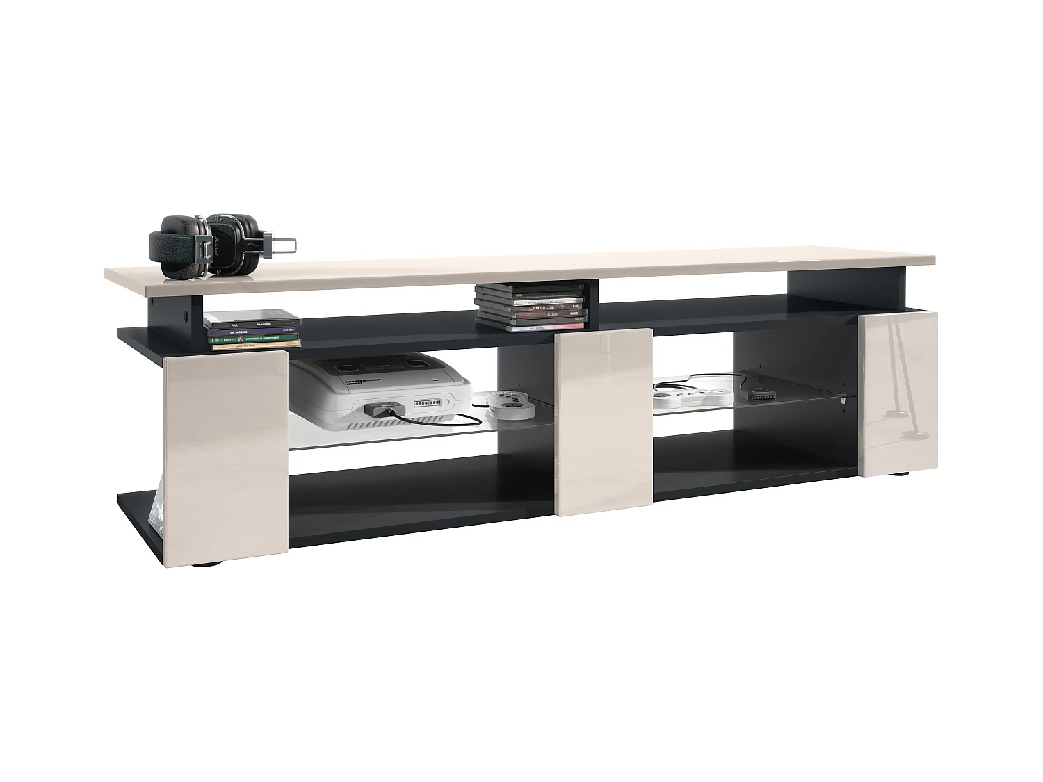 TV Board Movie V2 Game On Lowboard 138,5 x 39 x 39 cm , caisson en noir mat, façades en gris sable haute brillance