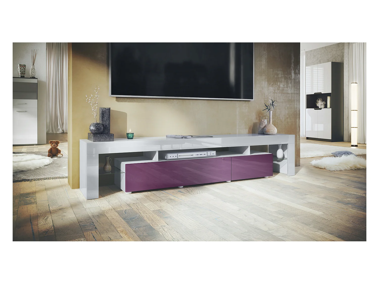 Buffet bas Lima V2, Meuble TV avec 2 clapets, 1 compartiment ouvert et 2 étagères en verre, Blanc haute brillance/Mûre haute brillance (189 x 38 x 35 cm)