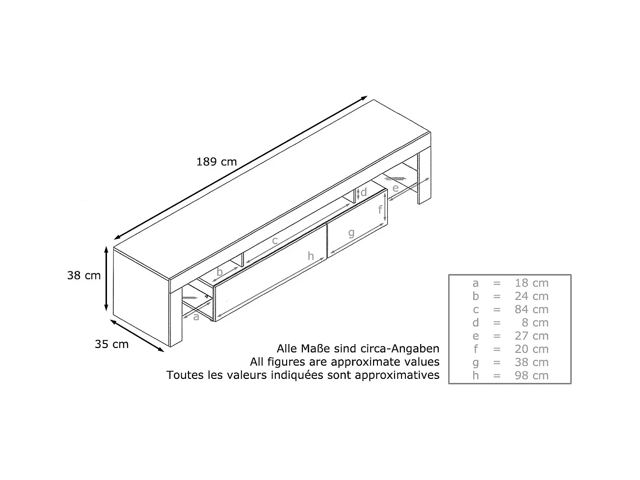 Buffet bas Lima V2, Meuble TV avec 2 clapets, 1 compartiment ouvert et 2 étagères en verre, Blanc haute brillance/Mûre haute brillance (189 x 38 x 35 cm)