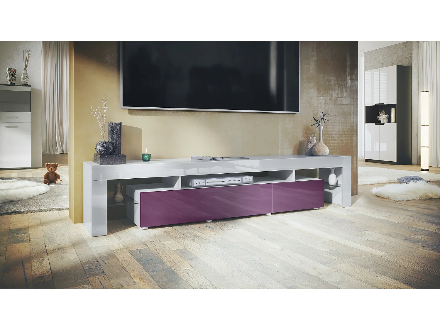 Buffet bas Lima V2, Meuble TV avec 2 clapets, 1 compartiment ouvert et 2 étagères en verre, Blanc haute brillance/Mûre haute brillance (189 x 38 x 35 cm)