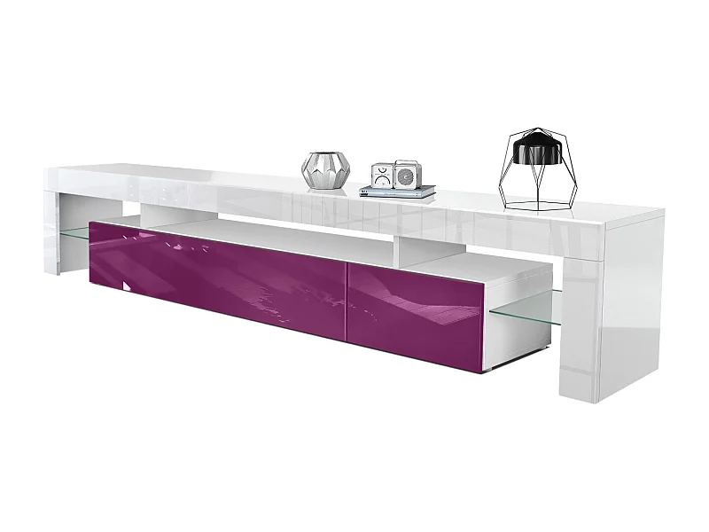 Buffet bas Lima V2, Meuble TV avec 2 clapets, 1 compartiment ouvert et 2 étagères en verre, Blanc haute brillance/Mûre haute brillance (189 x 38 x 35 cm)