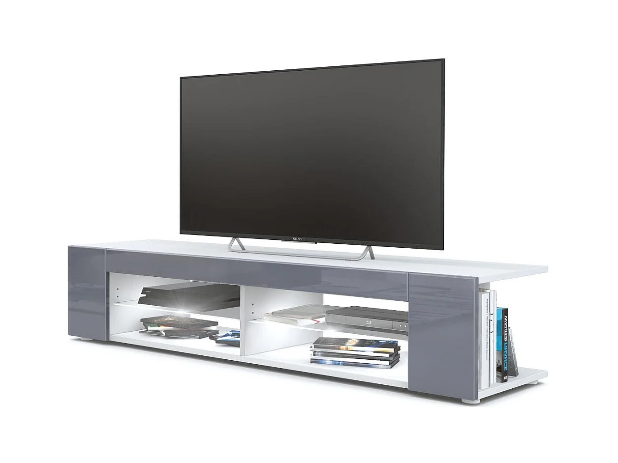 Buffet bas Movie, Meuble TV avec 4 compartiments ouverts et placages décoratifs, Blanc mat/Gris brillant, éclairage LED blanc inclus (134 x 29 x 39 cm)