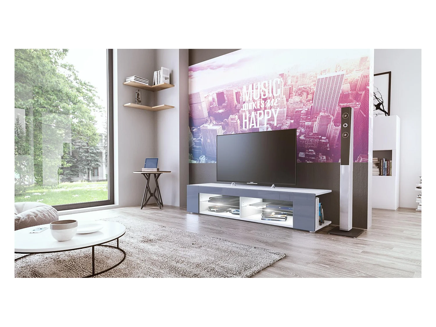Buffet bas Movie, Meuble TV avec 4 compartiments ouverts et placages décoratifs, Blanc mat/Gris brillant, éclairage LED blanc inclus (134 x 29 x 39 cm)
