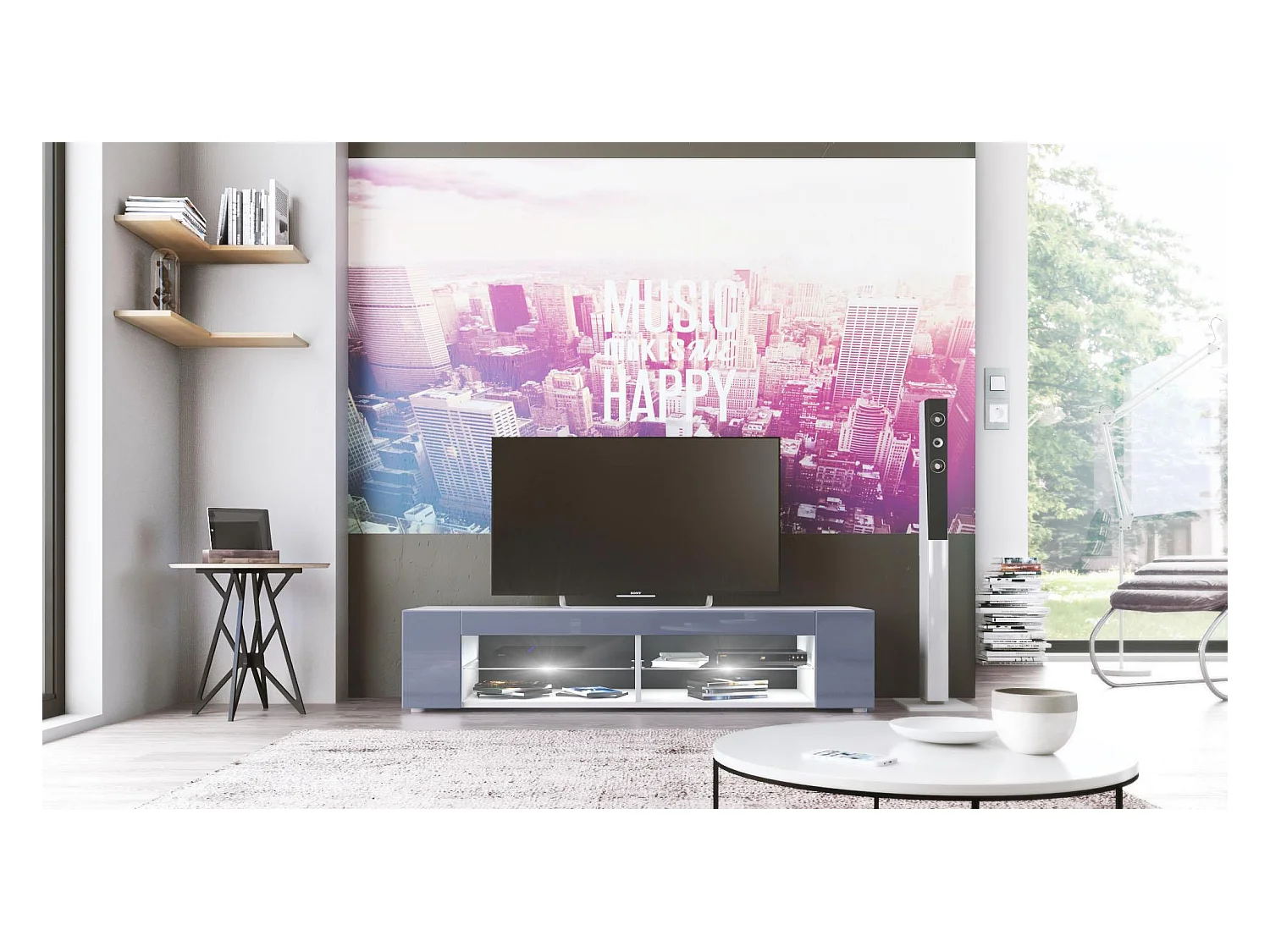 Buffet bas Movie, Meuble TV avec 4 compartiments ouverts et placages décoratifs, Blanc mat/Gris brillant, éclairage LED blanc inclus (134 x 29 x 39 cm)