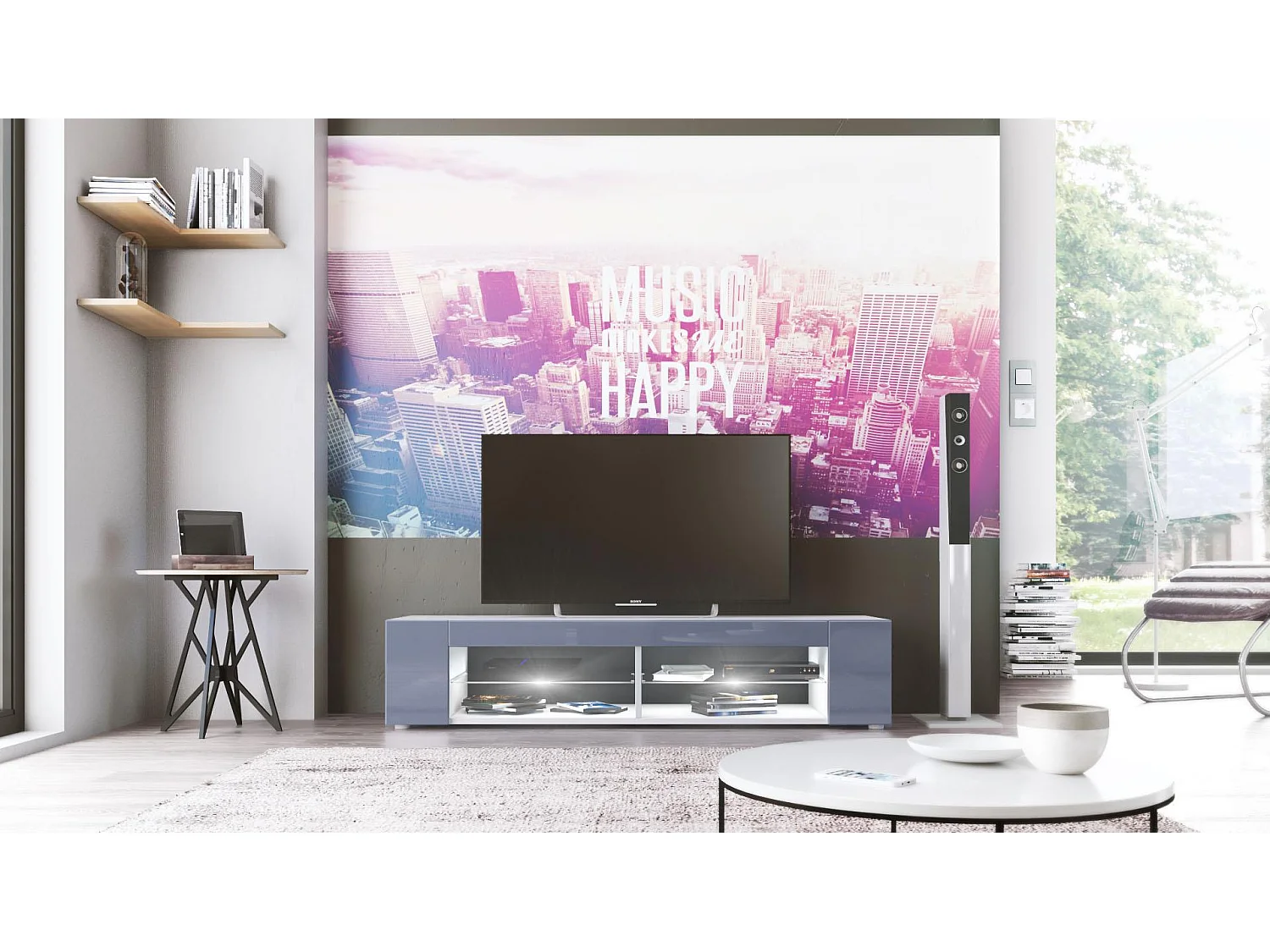 Buffet bas Movie, Meuble TV avec 4 compartiments ouverts et placages décoratifs, Blanc mat/Gris brillant, éclairage LED blanc inclus (134 x 29 x 39 cm)