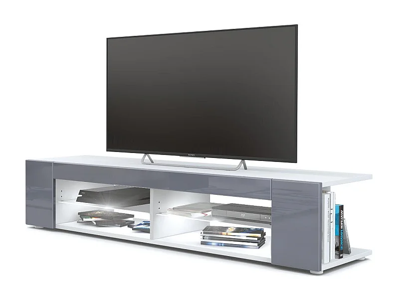 Buffet bas Movie, Meuble TV avec 4 compartiments ouverts et placages décoratifs, Blanc mat/Gris brillant, éclairage LED blanc inclus (134 x 29 x 39 cm)