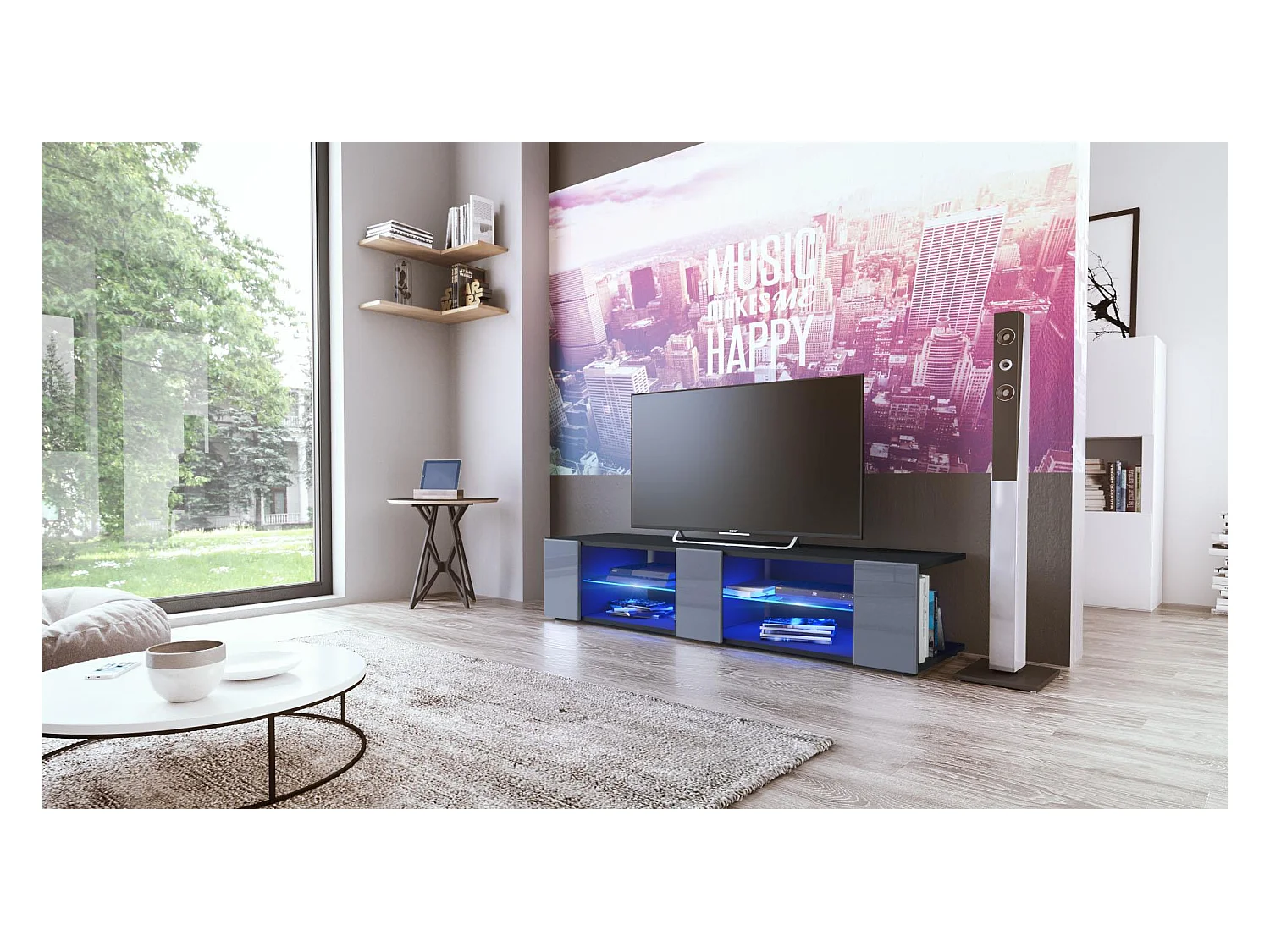 Buffet bas Movie V2, Meuble TV avec 6 compartiments ouverts et placages décoratifs, Noir mat/Gris brillant, éclairage LED bleu inclus (134 x 29 x 39 cm)