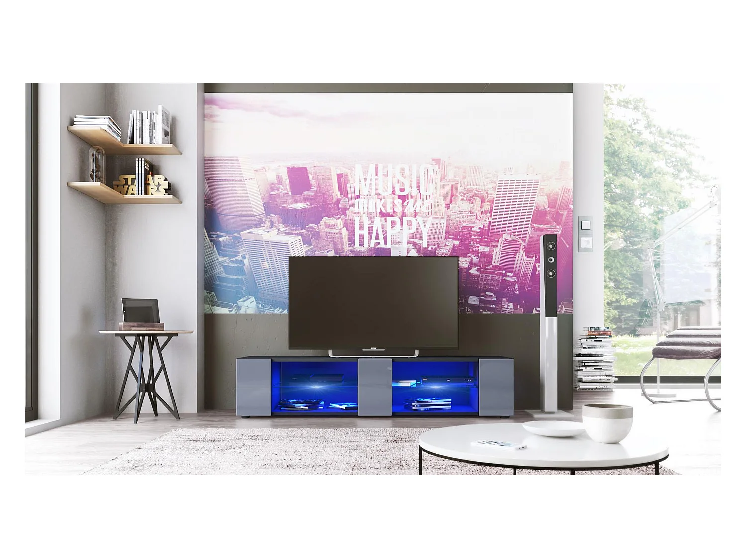 Buffet bas Movie V2, Meuble TV avec 6 compartiments ouverts et placages décoratifs, Noir mat/Gris brillant, éclairage LED bleu inclus (134 x 29 x 39 cm)