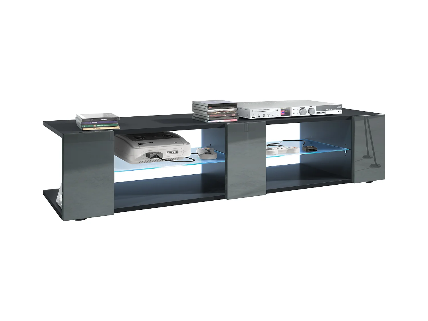 Buffet bas Movie V2, Meuble TV avec 6 compartiments ouverts et placages décoratifs, Noir mat/Gris brillant, éclairage LED bleu inclus (134 x 29 x 39 cm)
