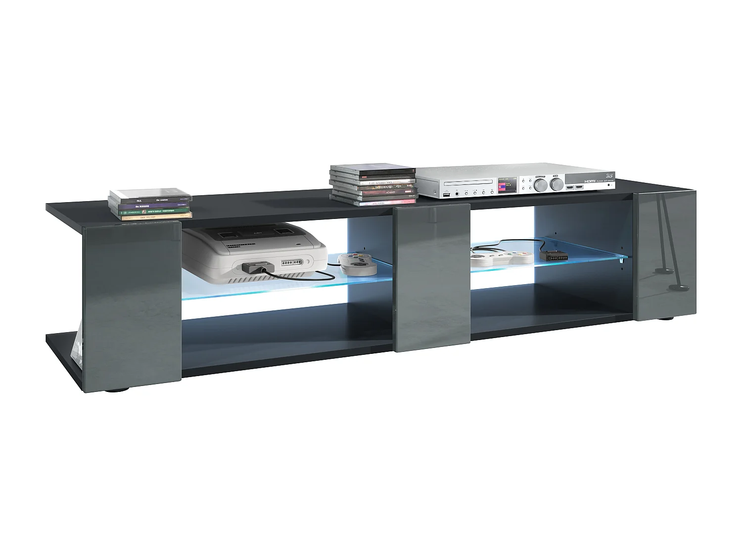 Buffet bas Movie V2, Meuble TV avec 6 compartiments ouverts et placages décoratifs, Noir mat/Gris brillant, éclairage LED bleu inclus (134 x 29 x 39 cm)