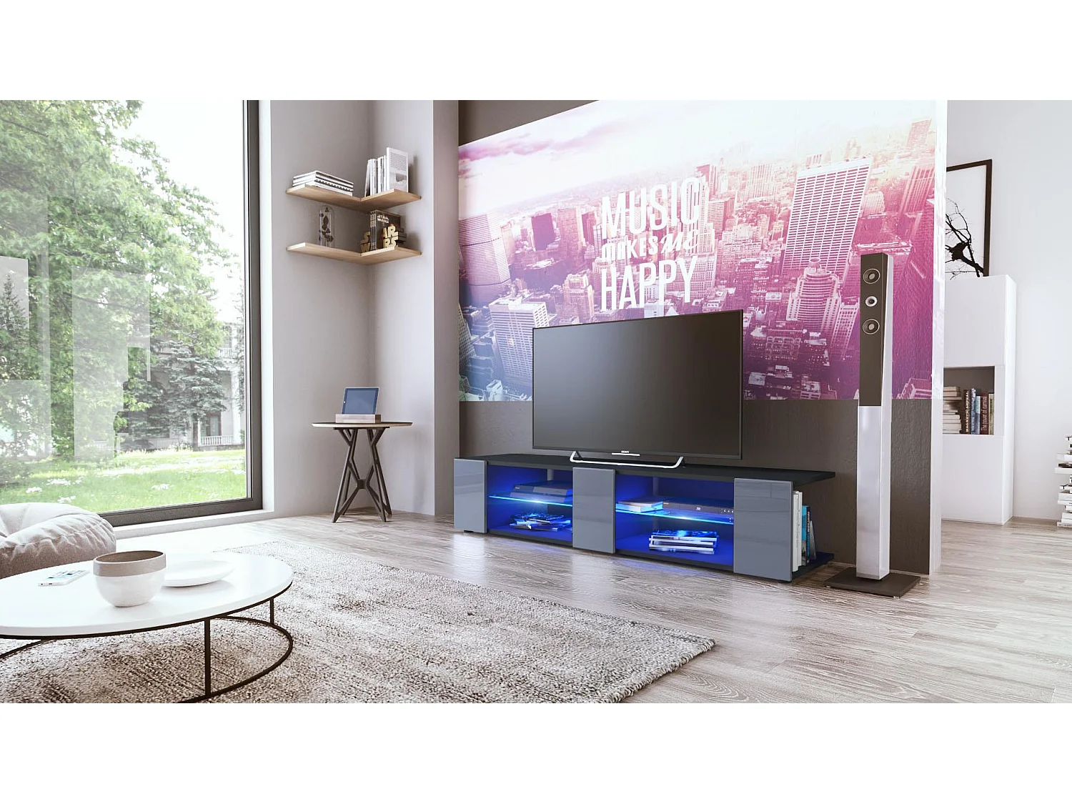 Buffet bas Movie V2, Meuble TV avec 6 compartiments ouverts et placages décoratifs, Noir mat/Gris brillant, éclairage LED bleu inclus (134 x 29 x 39 cm)
