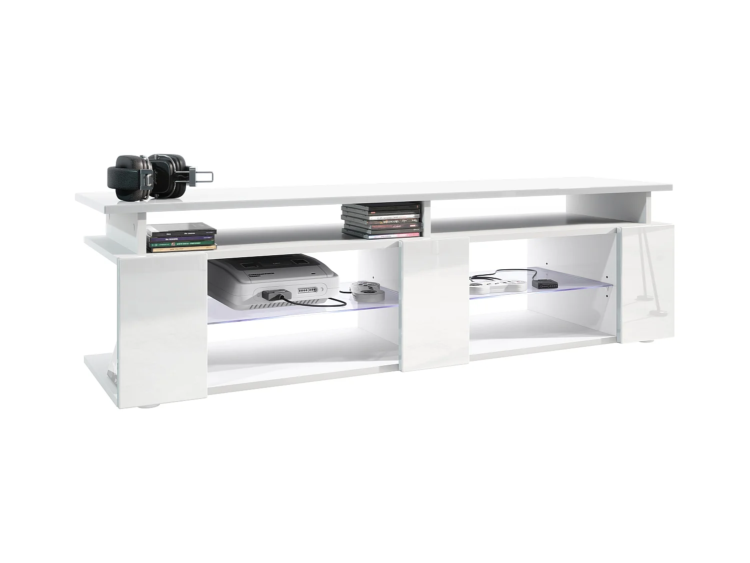 TV Board Movie V2 Game On Lowboard 138,5 x 39 x 39 cm éclairage LED inclus Blanc, caisson en blanc mat, façades en blanc haute brillance