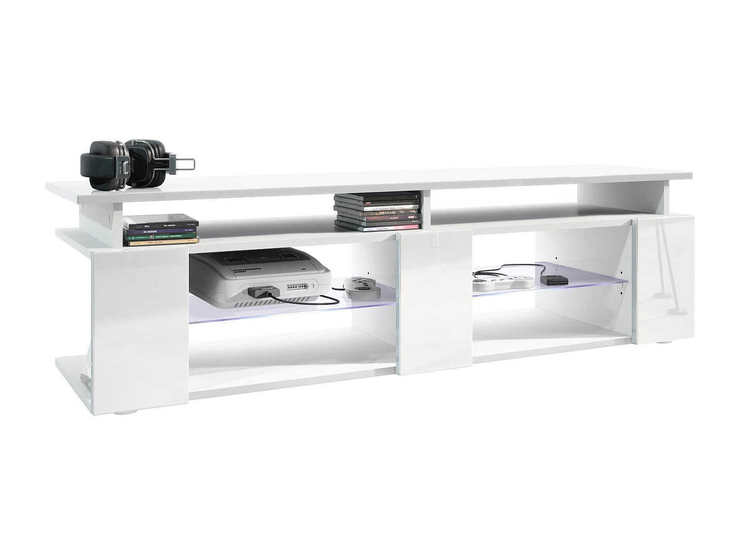 TV Board Movie V2 Game On Lowboard 138,5 x 39 x 39 cm éclairage LED inclus Blanc, caisson en blanc mat, façades en blanc haute brillance
