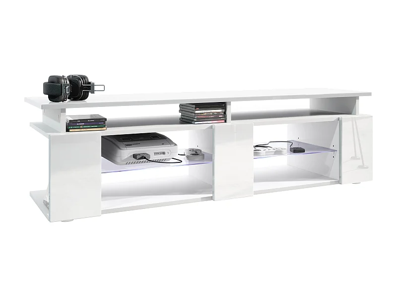 TV Board Movie V2 Game On Lowboard 138,5 x 39 x 39 cm éclairage LED inclus Blanc, caisson en blanc mat, façades en blanc haute brillance
