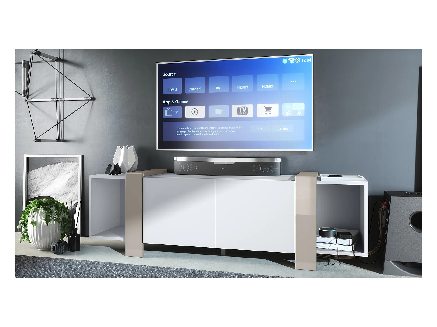 Lowboard Ida 149 x 45,5 x 34 cm Buffet TV avec 4 compartiments et portes PTO, caisson en blanc mat, façades en Gris sable brillant | Grand choix de couleurs