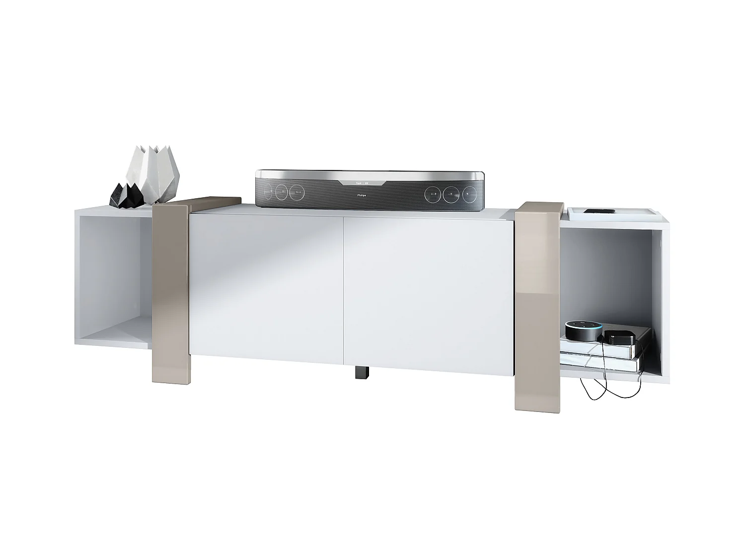 Lowboard Ida 149 x 45,5 x 34 cm Buffet TV avec 4 compartiments et portes PTO, caisson en blanc mat, façades en Gris sable brillant | Grand choix de couleurs