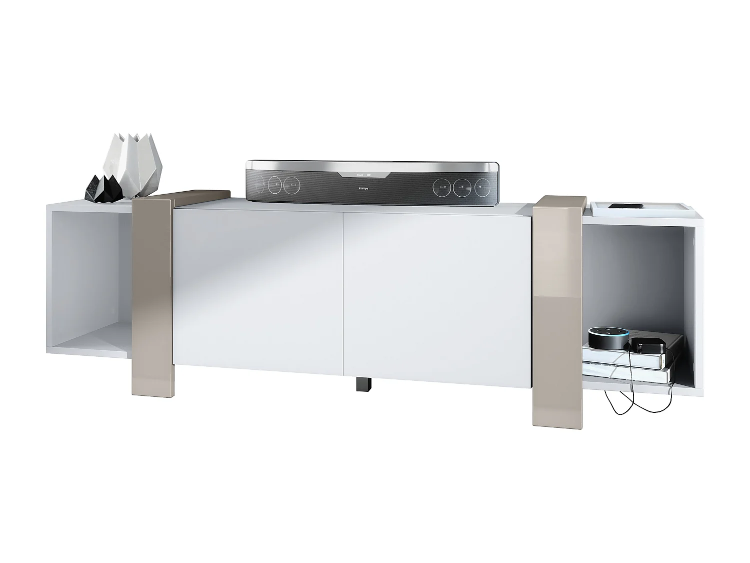 Lowboard Ida 149 x 45,5 x 34 cm Buffet TV avec 4 compartiments et portes PTO, caisson en blanc mat, façades en Gris sable brillant | Grand choix de couleurs