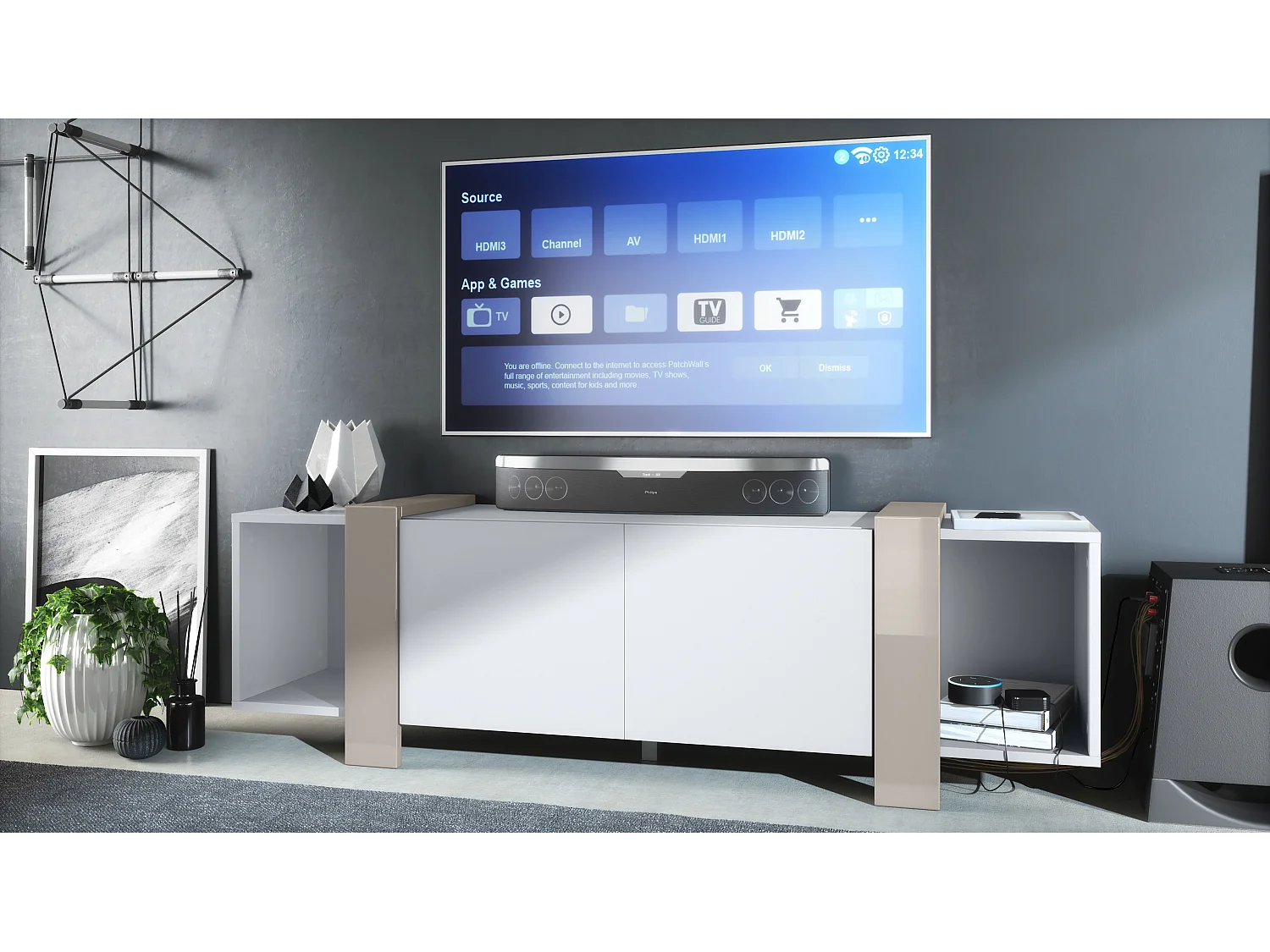Lowboard Ida 149 x 45,5 x 34 cm Buffet TV avec 4 compartiments et portes PTO, caisson en blanc mat, façades en Gris sable brillant | Grand choix de couleurs