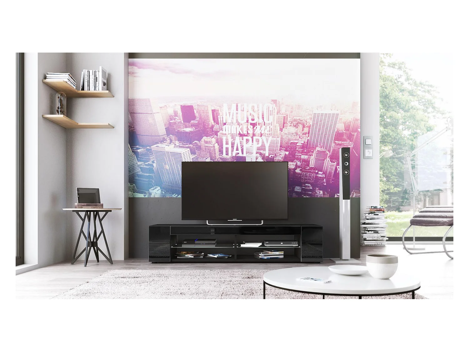 Buffet bas Movie, Meuble TV avec 4 compartiments ouverts et placages décoratifs, Noir mat/Noir haute brillance (134 x 29 x 39 cm)