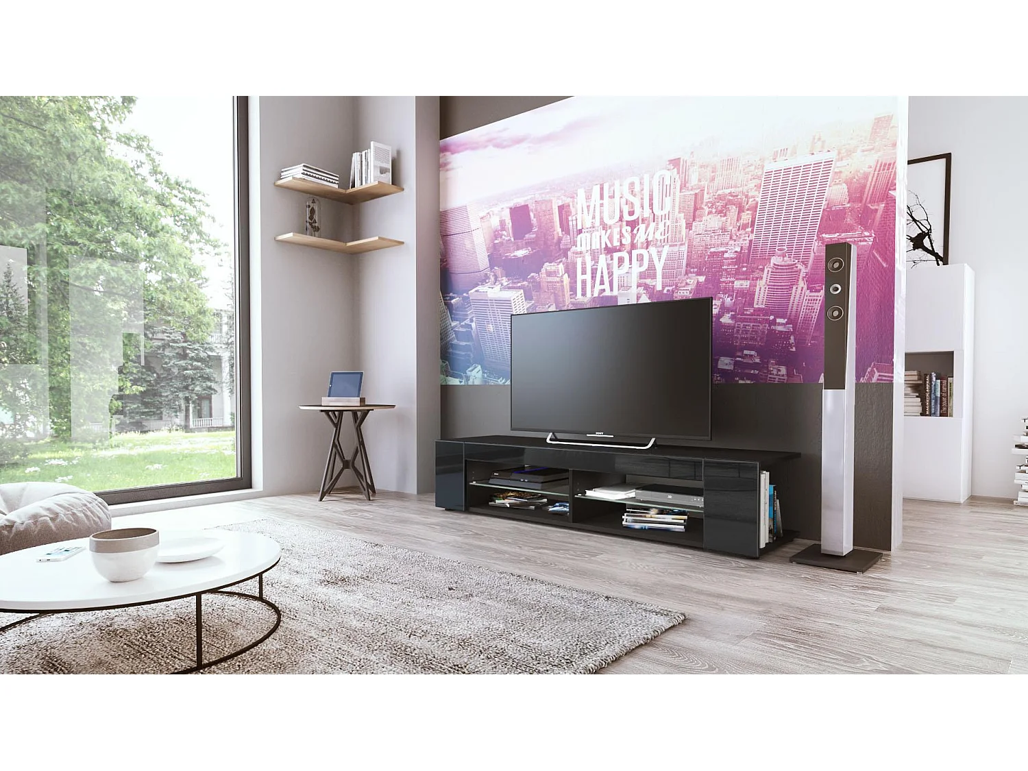 Buffet bas Movie, Meuble TV avec 4 compartiments ouverts et placages décoratifs, Noir mat/Noir haute brillance (134 x 29 x 39 cm)