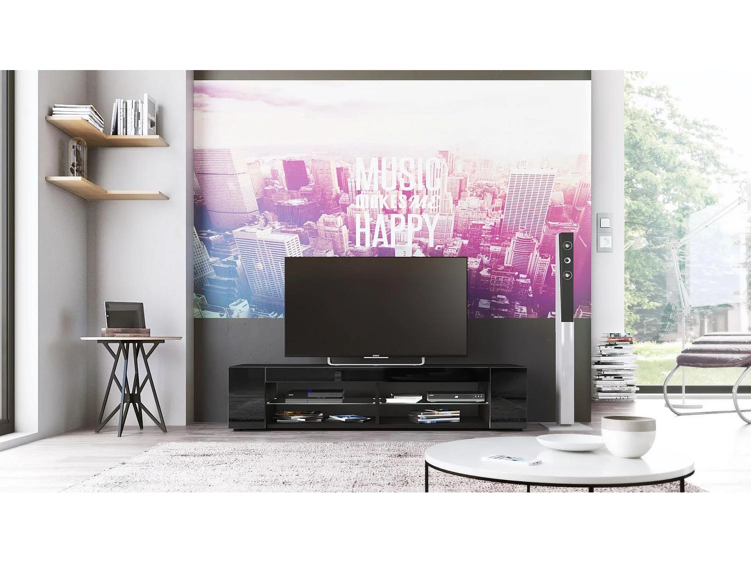 Buffet bas Movie, Meuble TV avec 4 compartiments ouverts et placages décoratifs, Noir mat/Noir haute brillance (134 x 29 x 39 cm)