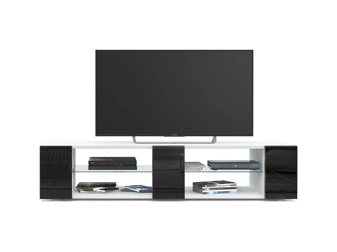 Buffet bas Movie V2, Meuble TV avec 6 compartiments ouverts et placages décoratifs, Blanc mat/Noir haute brillance (134 x 29 x 39 cm)