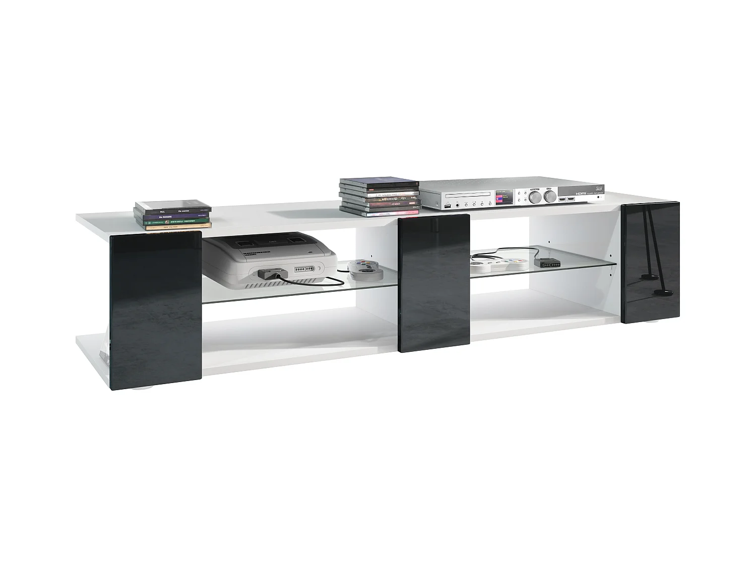 Buffet bas Movie V2, Meuble TV avec 6 compartiments ouverts et placages décoratifs, Blanc mat/Noir haute brillance (134 x 29 x 39 cm)