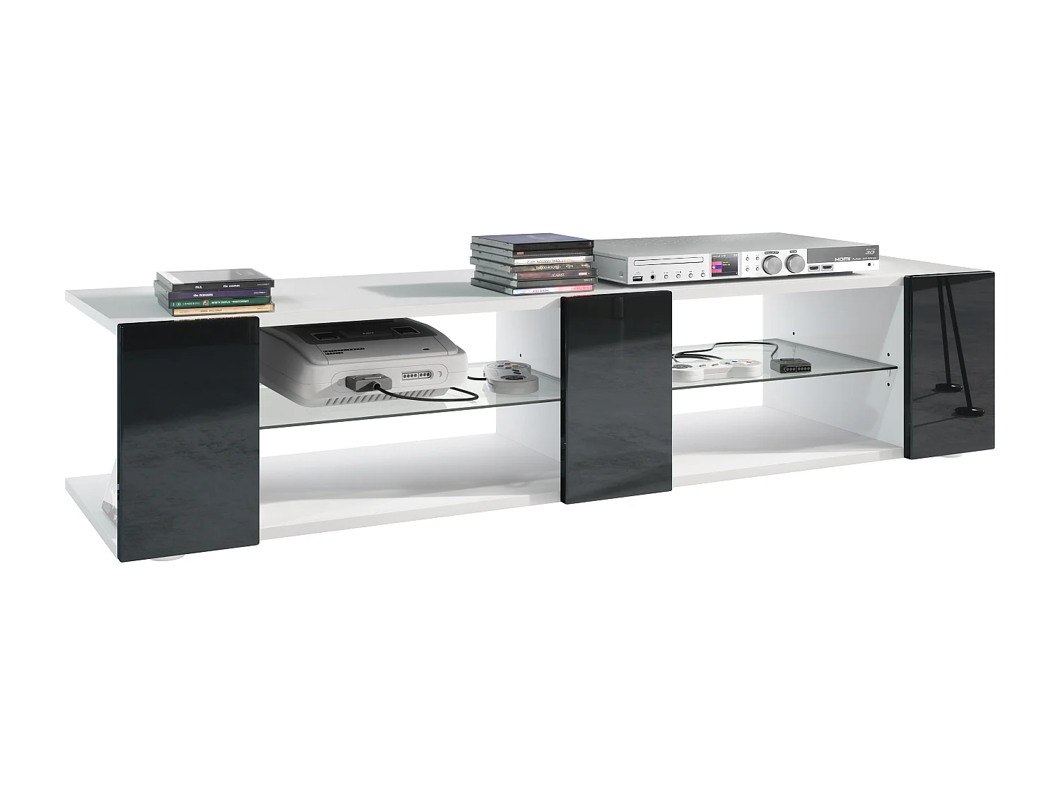 Buffet bas Movie V2, Meuble TV avec 6 compartiments ouverts et placages décoratifs, Blanc mat/Noir haute brillance (134 x 29 x 39 cm)