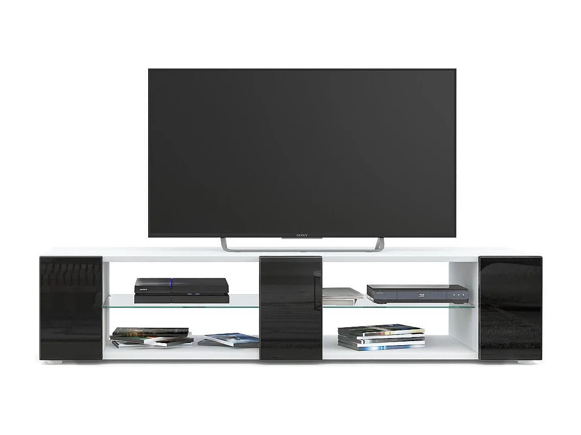 Buffet bas Movie V2, Meuble TV avec 6 compartiments ouverts et placages décoratifs, Blanc mat/Noir haute brillance (134 x 29 x 39 cm)