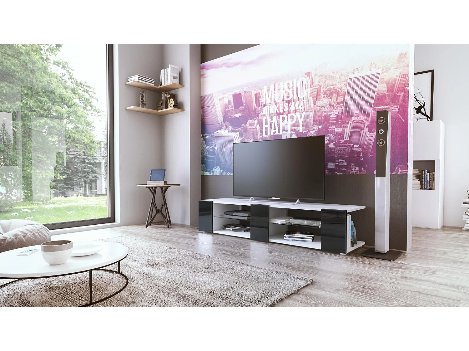 Buffet bas Movie V2, Meuble TV avec 6 compartiments ouverts et placages décoratifs, Blanc mat/Noir haute brillance (134 x 29 x 39 cm)