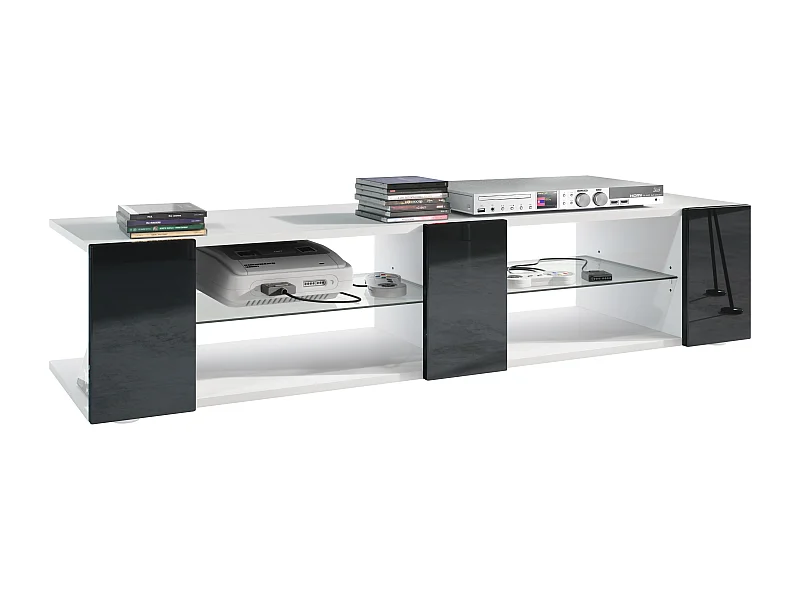 Vladon Mueble TV Movie V2, Mueble Televisor con 6 Compartimentos abiertos y Franjas decorativas, Blanco mate/Negro de alto brillo (134 x 29 x 39 cm)