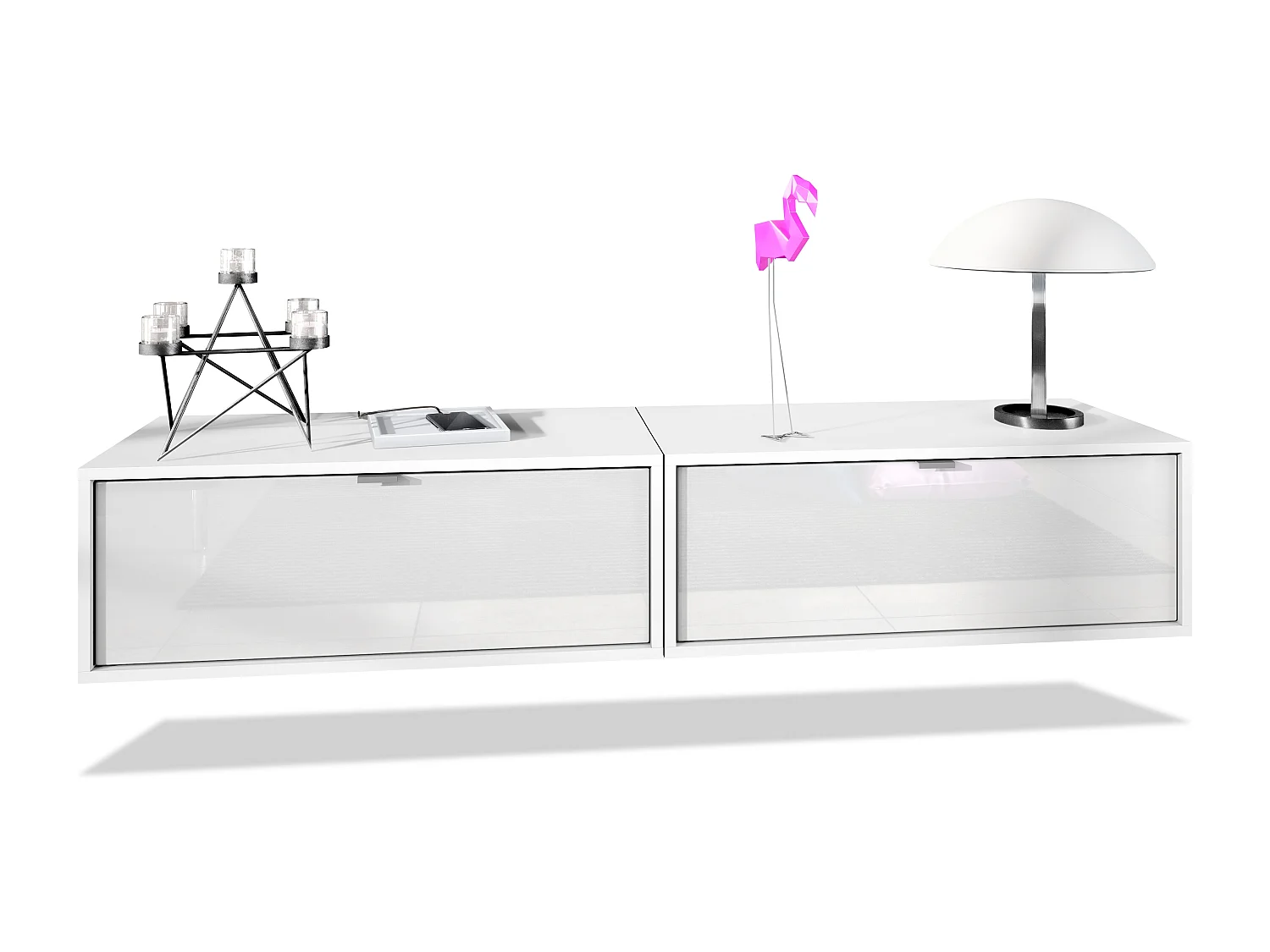 Ensemble de 2 set meuble TV Lana 80, lowboards de 80 x 29 x 37 cm chacun avec beaucoup d'espace de rangement, caisson en Blanc mat, façades en Blanc haute brillance