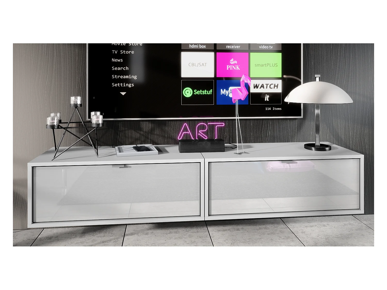 Ensemble de 2 set meuble TV Lana 80, lowboards de 80 x 29 x 37 cm chacun avec beaucoup d'espace de rangement, caisson en Blanc mat, façades en Blanc haute brillance