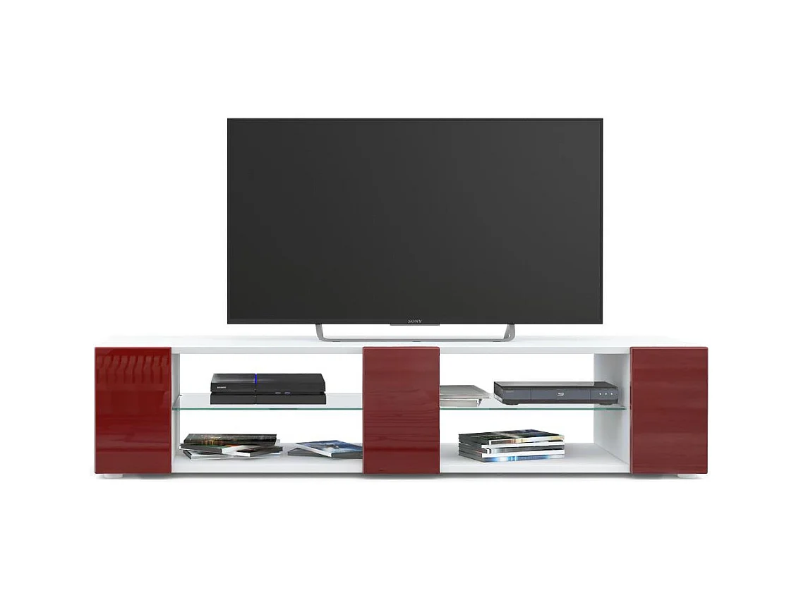 Buffet bas Movie V2, Meuble TV avec 6 compartiments ouverts et placages décoratifs, Blanc mat/Bordeaux haute brillance (134 x 29 x 39 cm)