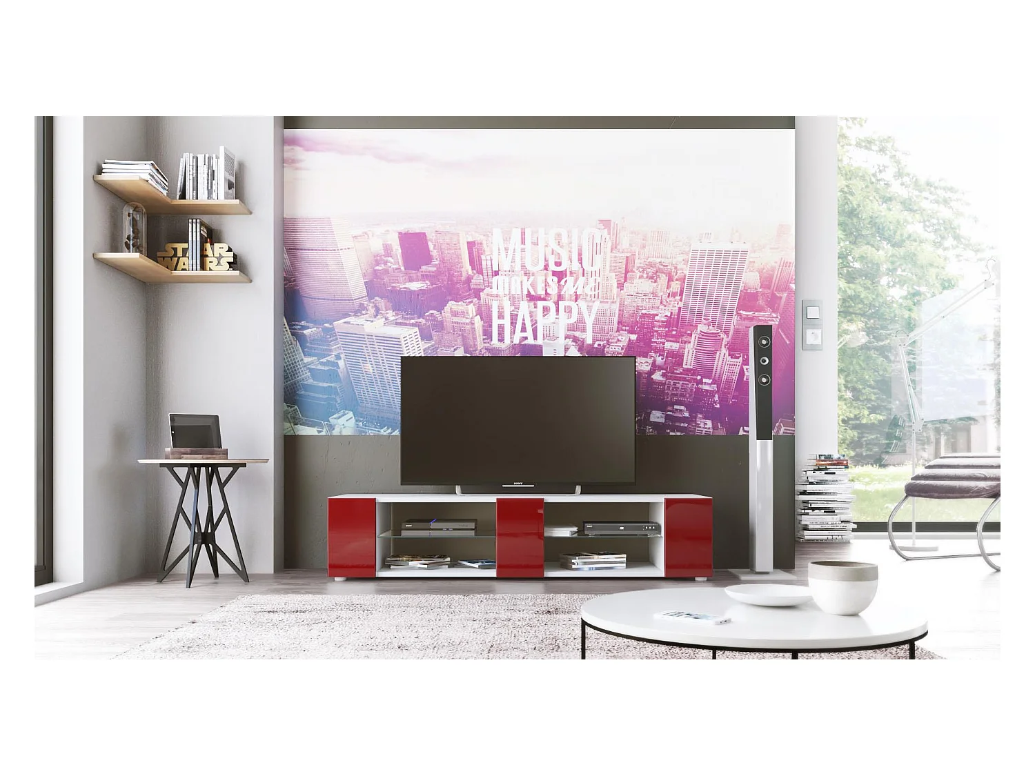 Buffet bas Movie V2, Meuble TV avec 6 compartiments ouverts et placages décoratifs, Blanc mat/Bordeaux haute brillance (134 x 29 x 39 cm)