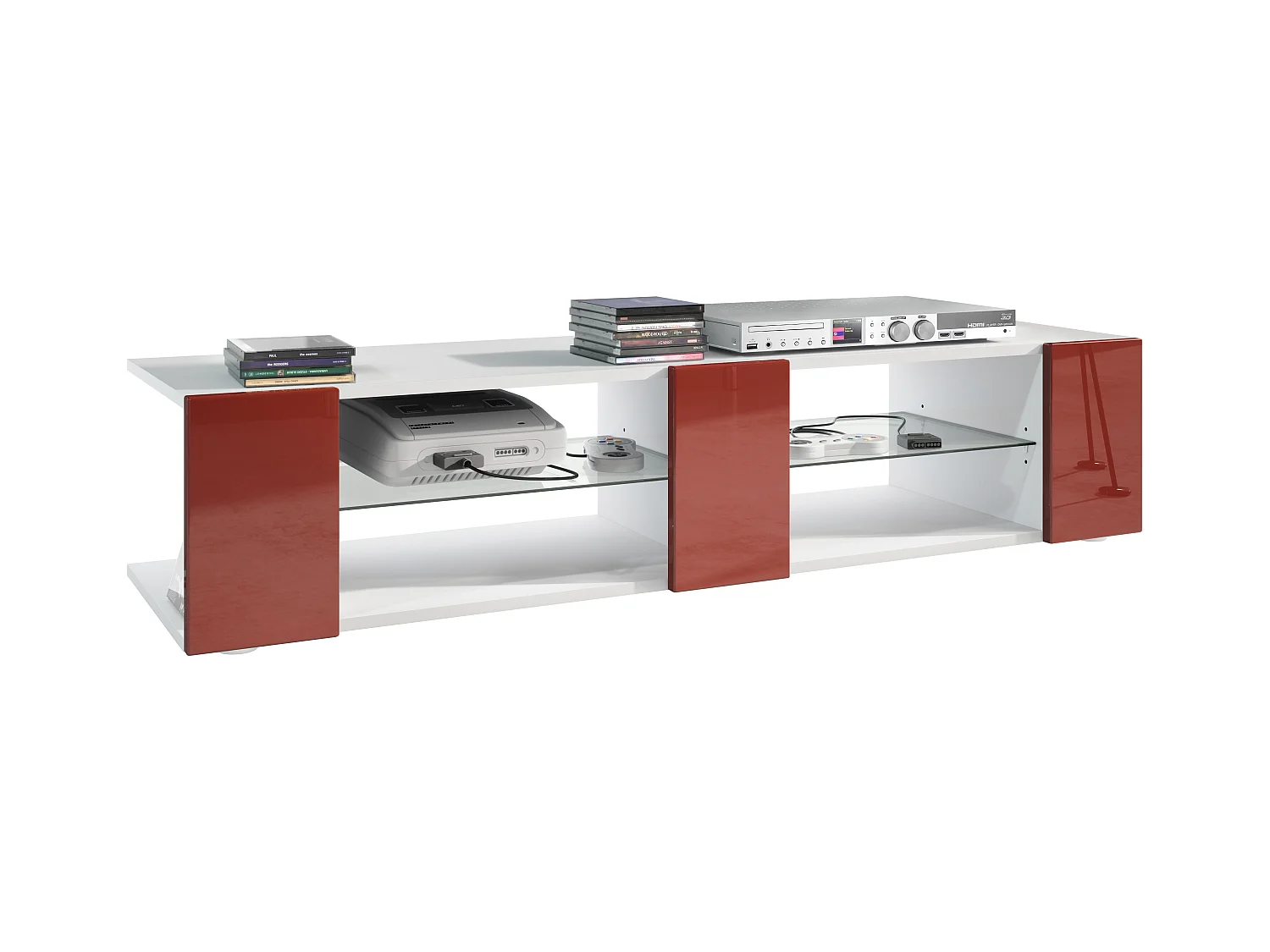 Buffet bas Movie V2, Meuble TV avec 6 compartiments ouverts et placages décoratifs, Blanc mat/Bordeaux haute brillance (134 x 29 x 39 cm)