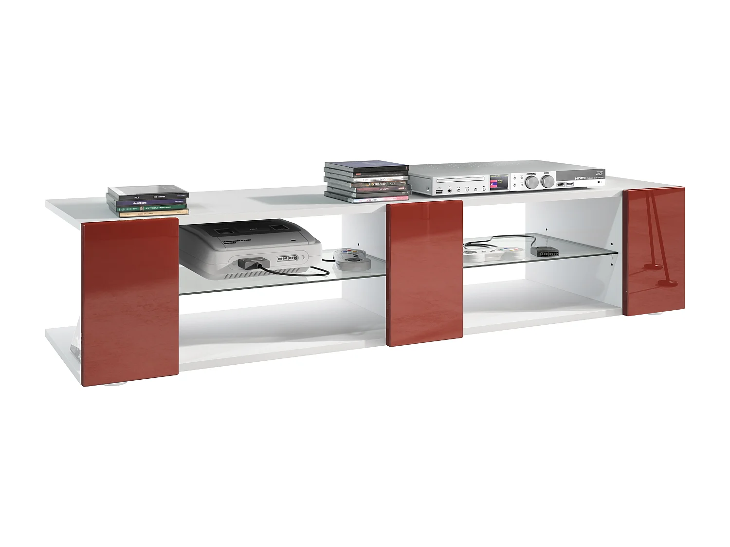 Buffet bas Movie V2, Meuble TV avec 6 compartiments ouverts et placages décoratifs, Blanc mat/Bordeaux haute brillance (134 x 29 x 39 cm)