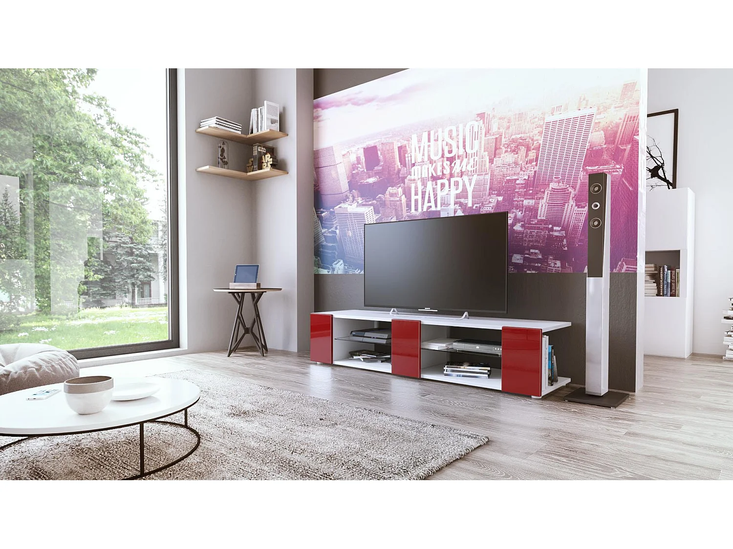 Buffet bas Movie V2, Meuble TV avec 6 compartiments ouverts et placages décoratifs, Blanc mat/Bordeaux haute brillance (134 x 29 x 39 cm)