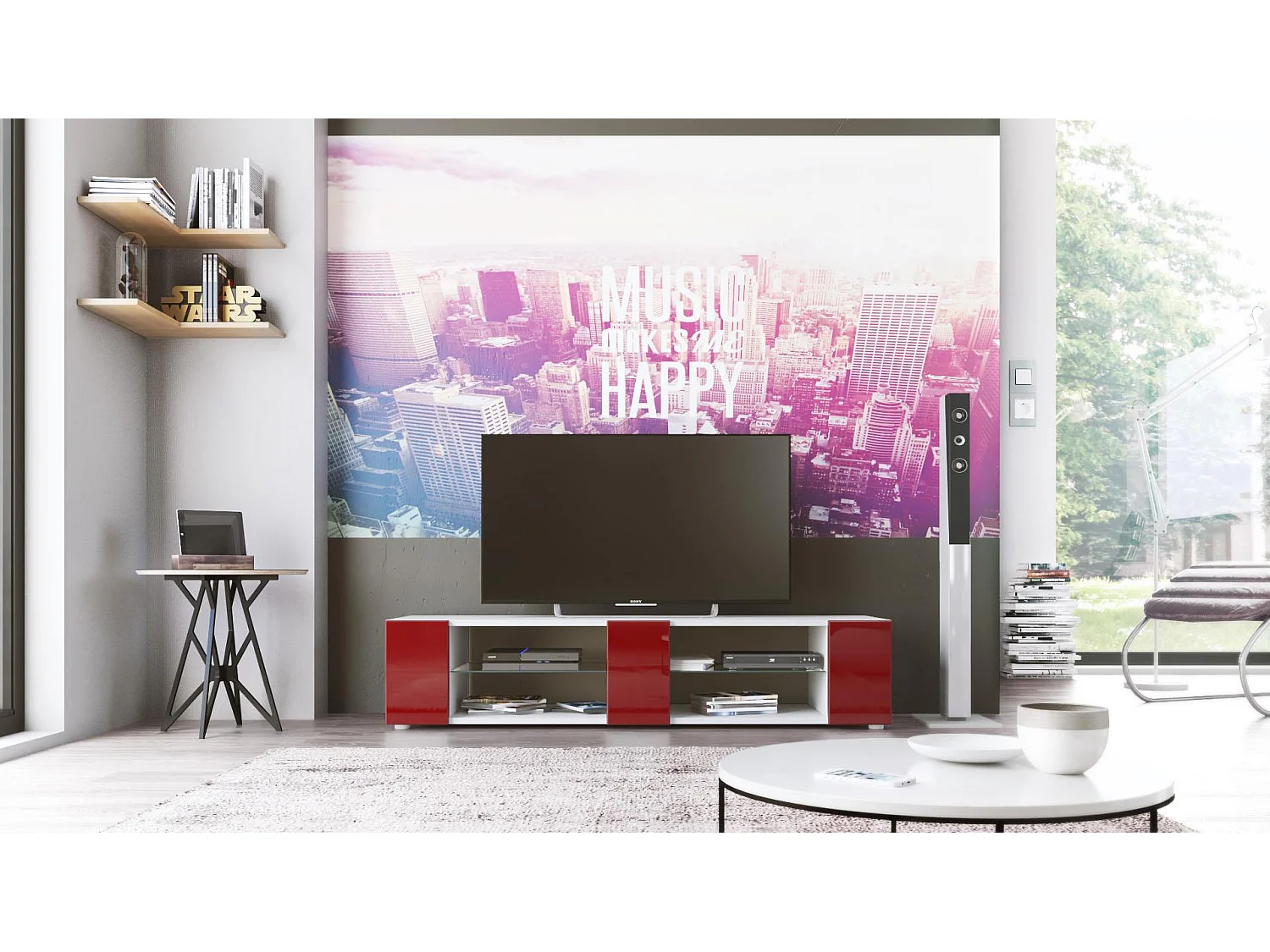 Buffet bas Movie V2, Meuble TV avec 6 compartiments ouverts et placages décoratifs, Blanc mat/Bordeaux haute brillance (134 x 29 x 39 cm)