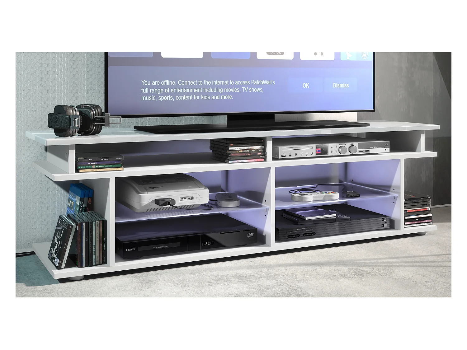 TV Board Movie V3 Game On 138,5 x 39 x 37,5 cm éclairage LED inclus Bleu, caisson en blanc mat, élément supérieur en blanc haute brillance