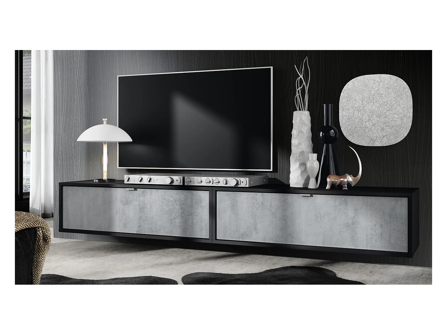 Ensemble de 2 set meuble TV Lana 100, lowboards de 100 x 29 x 37 cm chacun avec beaucoup d'espace de rangement, caisson en Noir mat, façades en Aspect Béton Oxyde