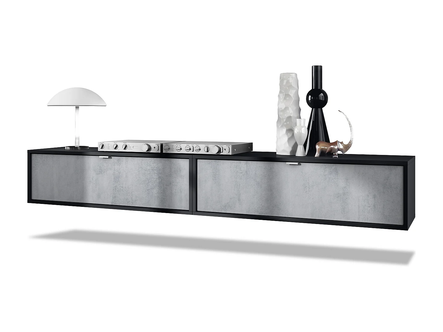 Ensemble de 2 set meuble TV Lana 100, lowboards de 100 x 29 x 37 cm chacun avec beaucoup d'espace de rangement, caisson en Noir mat, façades en Aspect Béton Oxyde