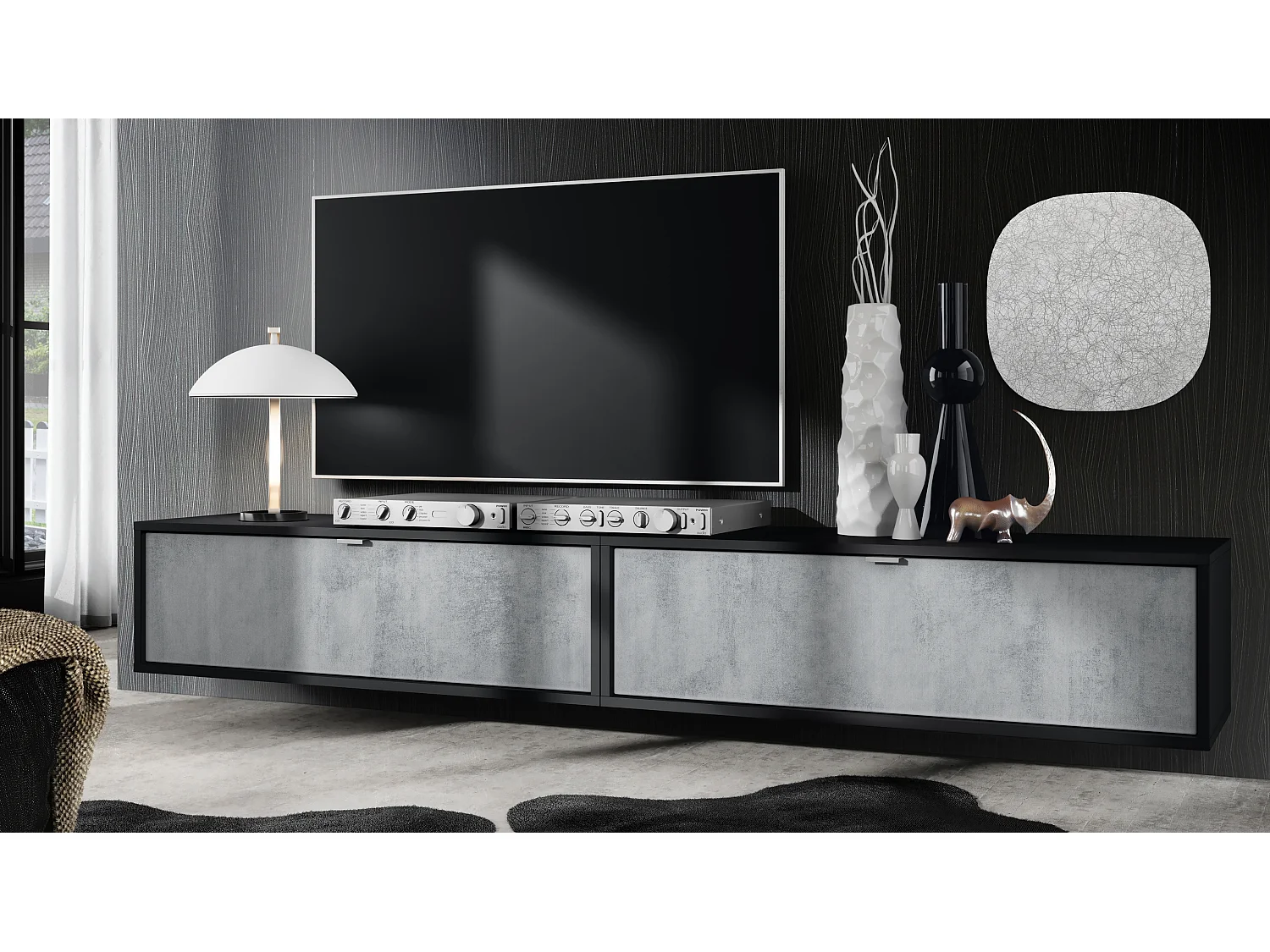 Ensemble de 2 set meuble TV Lana 100, lowboards de 100 x 29 x 37 cm chacun avec beaucoup d'espace de rangement, caisson en Noir mat, façades en Aspect Béton Oxyde