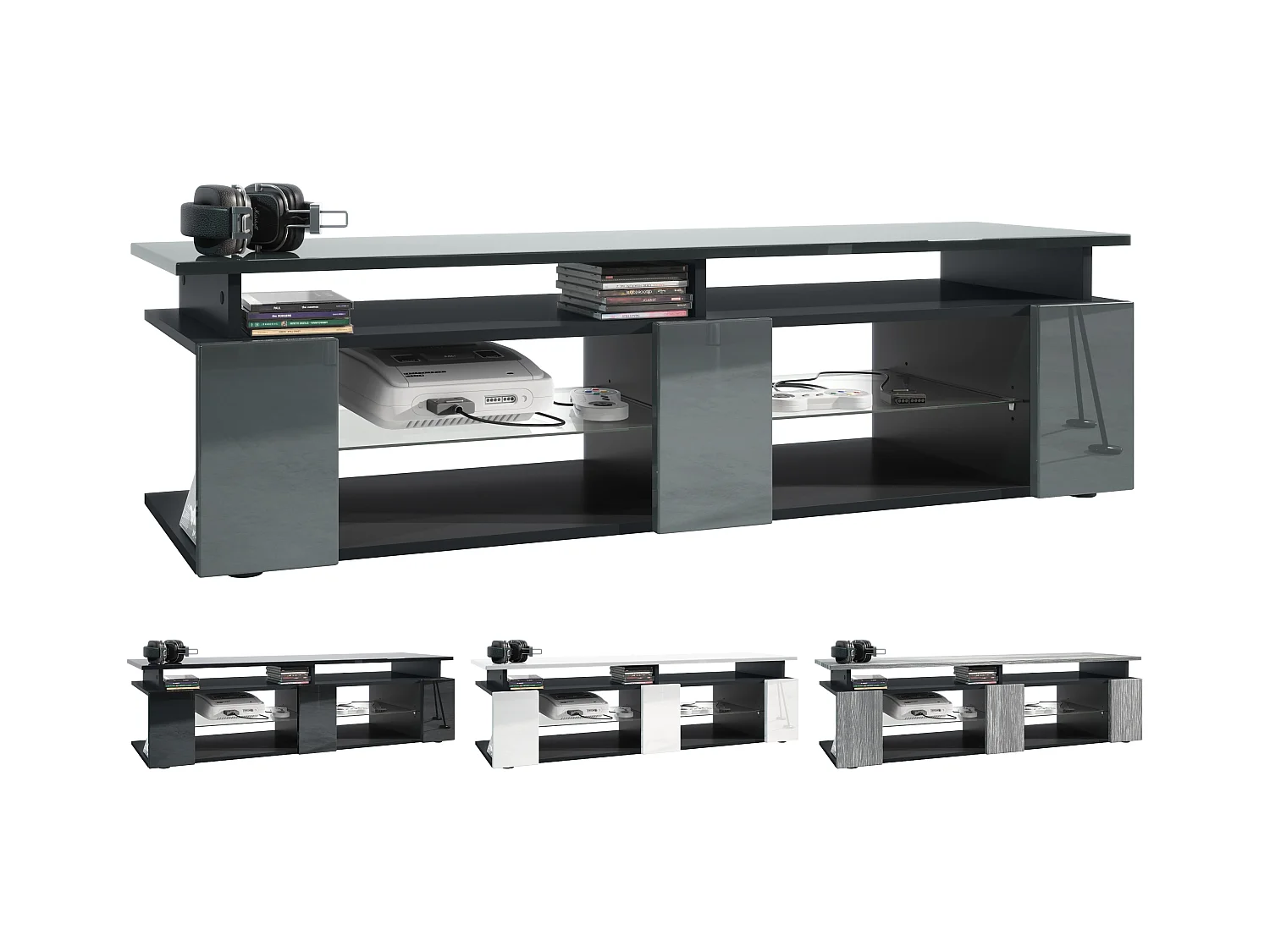 TV Board Movie V2 Game On Lowboard 138,5 x 39 x 39 cm éclairage LED inclus Blanc, caisson en noir mat, façades en mûre haute brillance