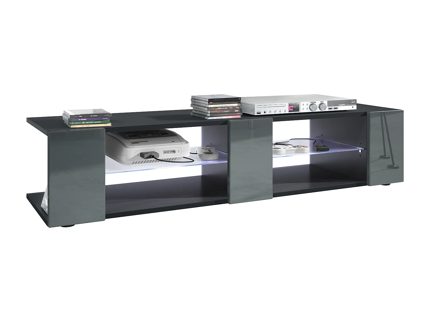 Buffet bas Movie V2, Meuble TV avec 6 compartiments ouverts et placages décoratifs, Noir mat/Gris brillant, éclairage LED blanc inclus (134 x 29 x 39 cm)