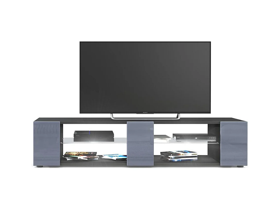 Buffet bas Movie V2, Meuble TV avec 6 compartiments ouverts et placages décoratifs, Noir mat/Gris brillant, éclairage LED blanc inclus (134 x 29 x 39 cm)