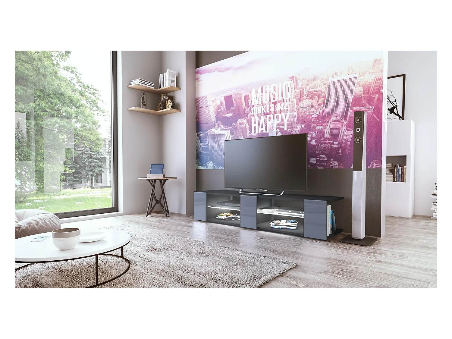 Buffet bas Movie V2, Meuble TV avec 6 compartiments ouverts et placages décoratifs, Noir mat/Gris brillant, éclairage LED blanc inclus (134 x 29 x 39 cm)