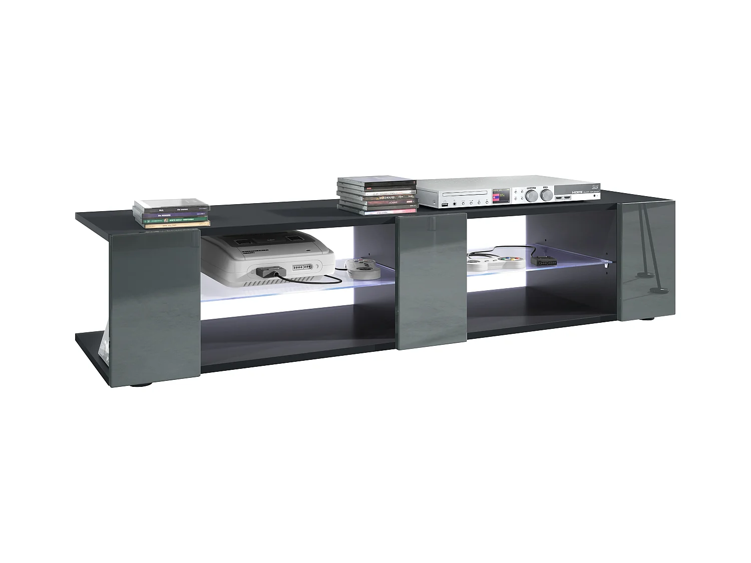 Buffet bas Movie V2, Meuble TV avec 6 compartiments ouverts et placages décoratifs, Noir mat/Gris brillant, éclairage LED blanc inclus (134 x 29 x 39 cm)