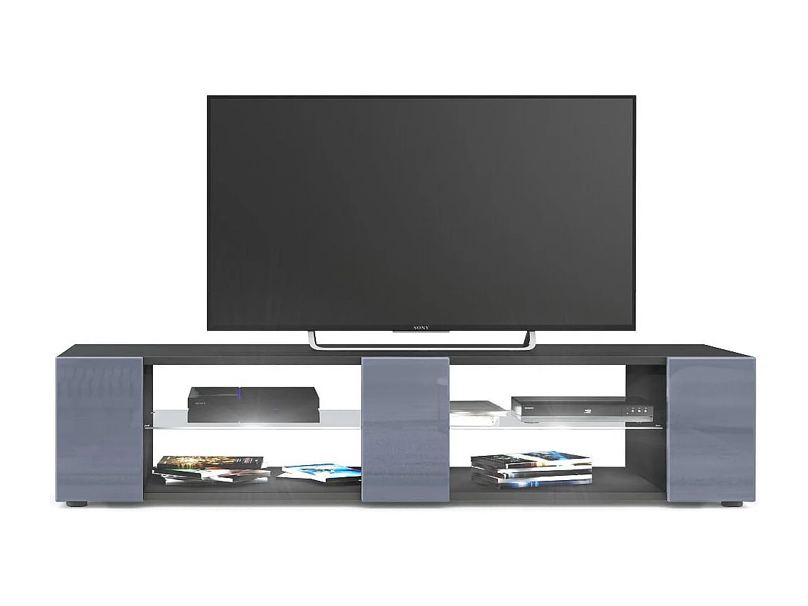 Buffet bas Movie V2, Meuble TV avec 6 compartiments ouverts et placages décoratifs, Noir mat/Gris brillant, éclairage LED blanc inclus (134 x 29 x 39 cm)