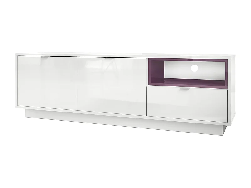 Meuble TV Armoire Metro, Corps en Blanc haute brillance / Façades en Blanc haute brillance avec une insertion en Mûre haute brillance